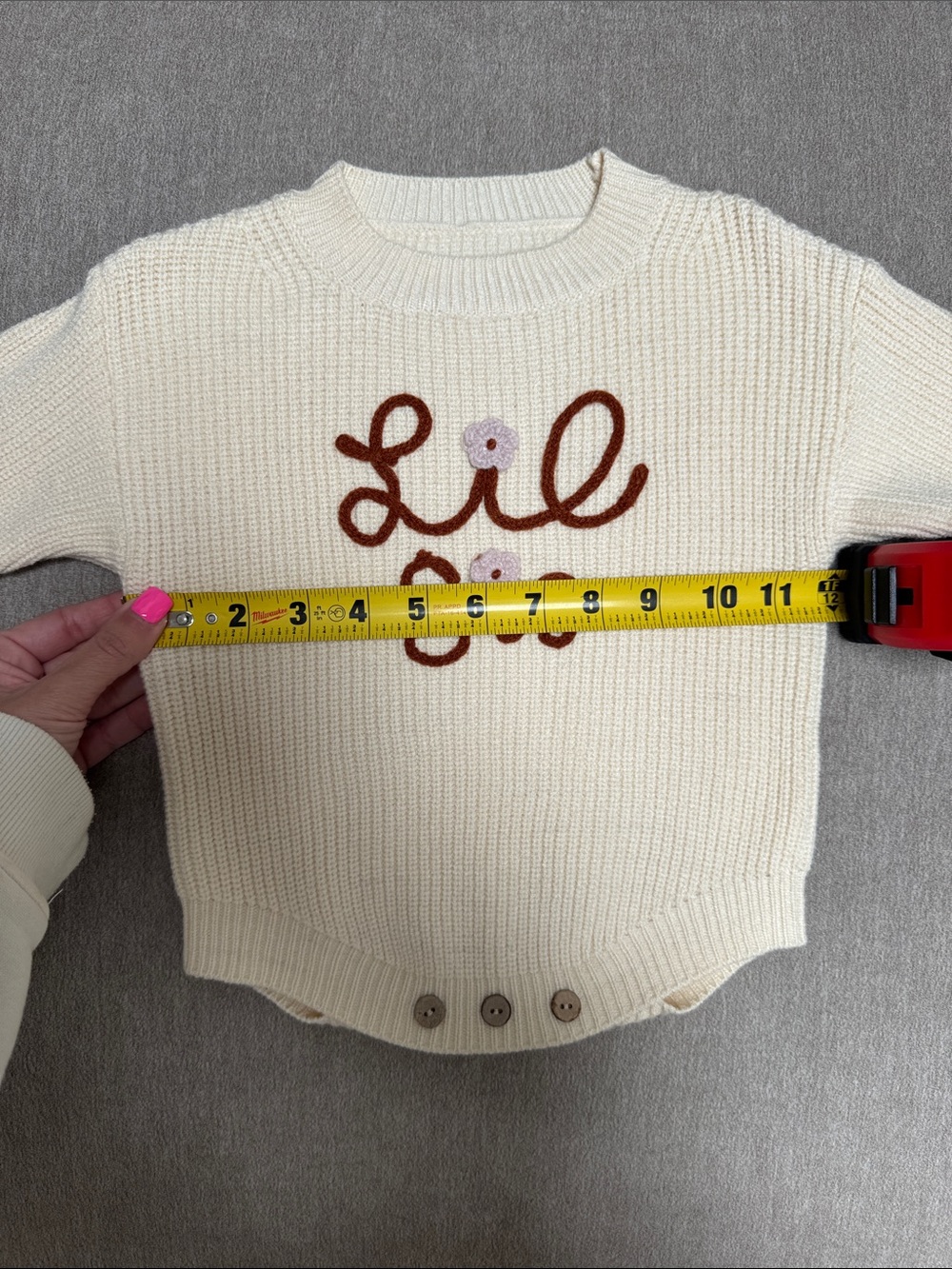 Cream Knit Sweater with Red/Brown Script and Floral Detail - Picture 3 of 5